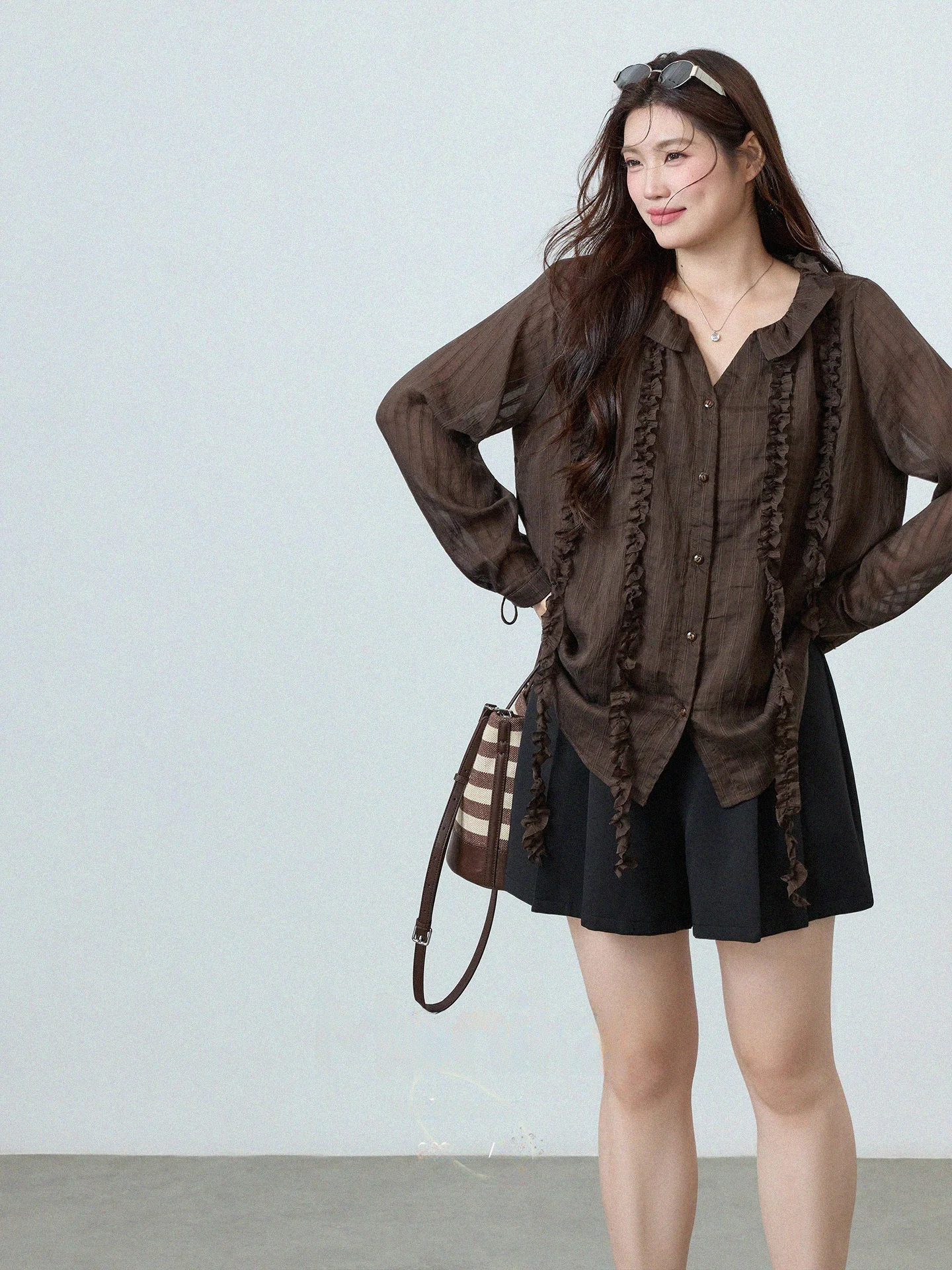 Retro plus Size Women's Long Sleeve Shirt with Pleated Hem Loose Fit Belted Autumn Slimming Coffee Color Top for plus Size