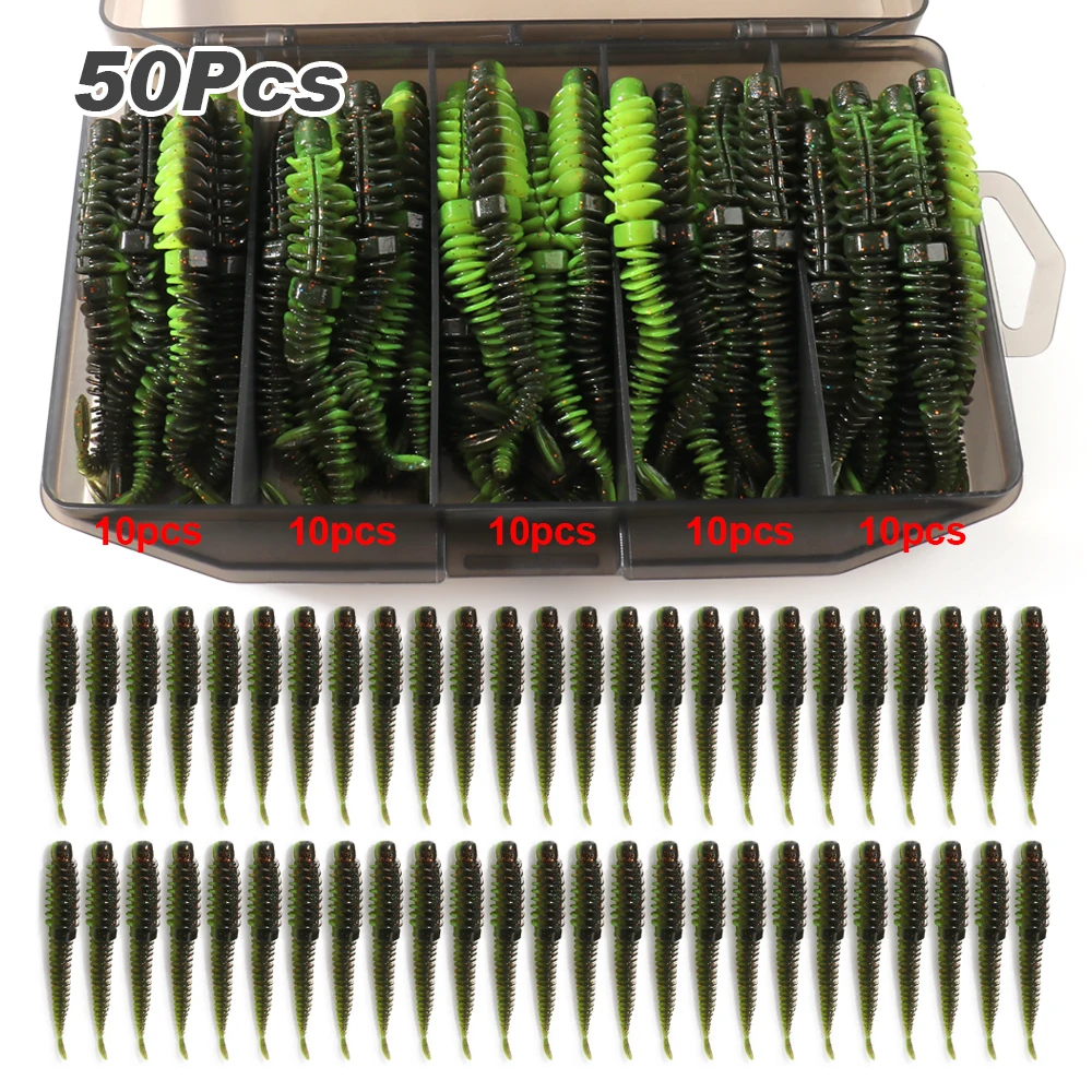 50 Stück/Box Weiche Köder 6,5cm 7,5cm 8,5cm TPE-Wurm mit Jighaken Karpfenangeln Pesca Swimbait-Ausrüstung Fischgeschmack Angelzubehör-Box Köder
