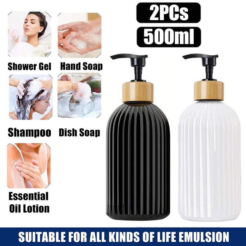 2 Pcs 500ml Strip Soap Dispenser with Bamboo Pump Refillable Shampoo Conditioner Hands Dishes Liquid Bottle for Kitchen Bathroom
