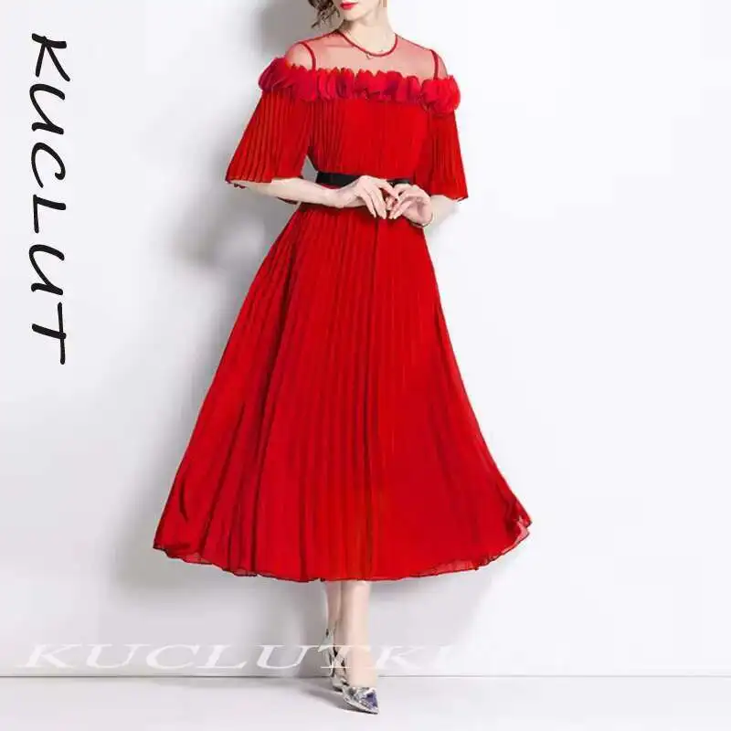 

KUCLUT Fashion Women's Splicing Three-dimensional Petal Pleated Dress Elegant Temperament Belt Waisted Short Sleeve Dresses