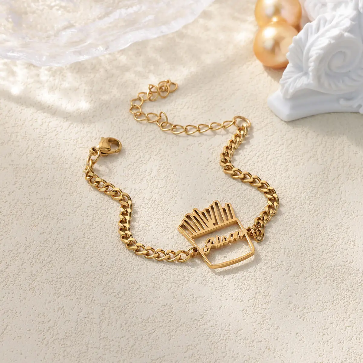 Pulsera personalizada con nombre de acero inoxidable para mujer, pulsera con nombre estético con patrón de patatas fritas huecas, joyería de uso diario