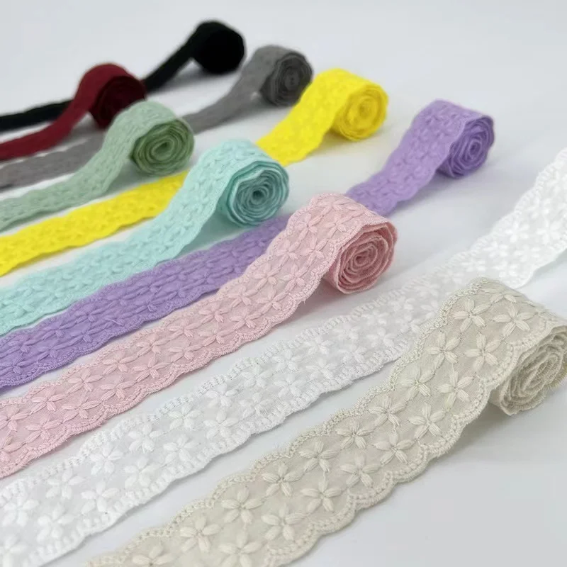 3Yards Cotton Embroidered Colourful Flower Lace Fabric Sewing DIY Handmade Wedding Applique Ribbon Collar Garment Craft Material