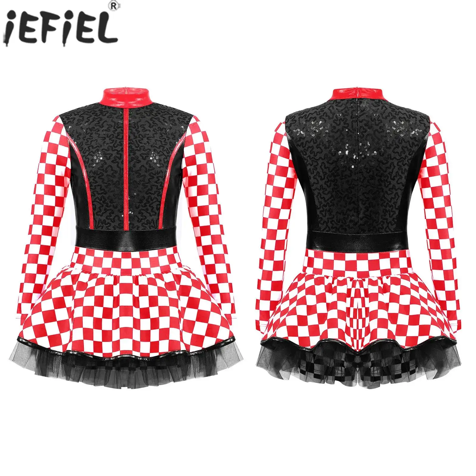 Teen Girls Halloween Carnival Racer Driver Cosplay Performance Costume Long Sleeve Checkerboard Sequin Racing Car Leotard Dress