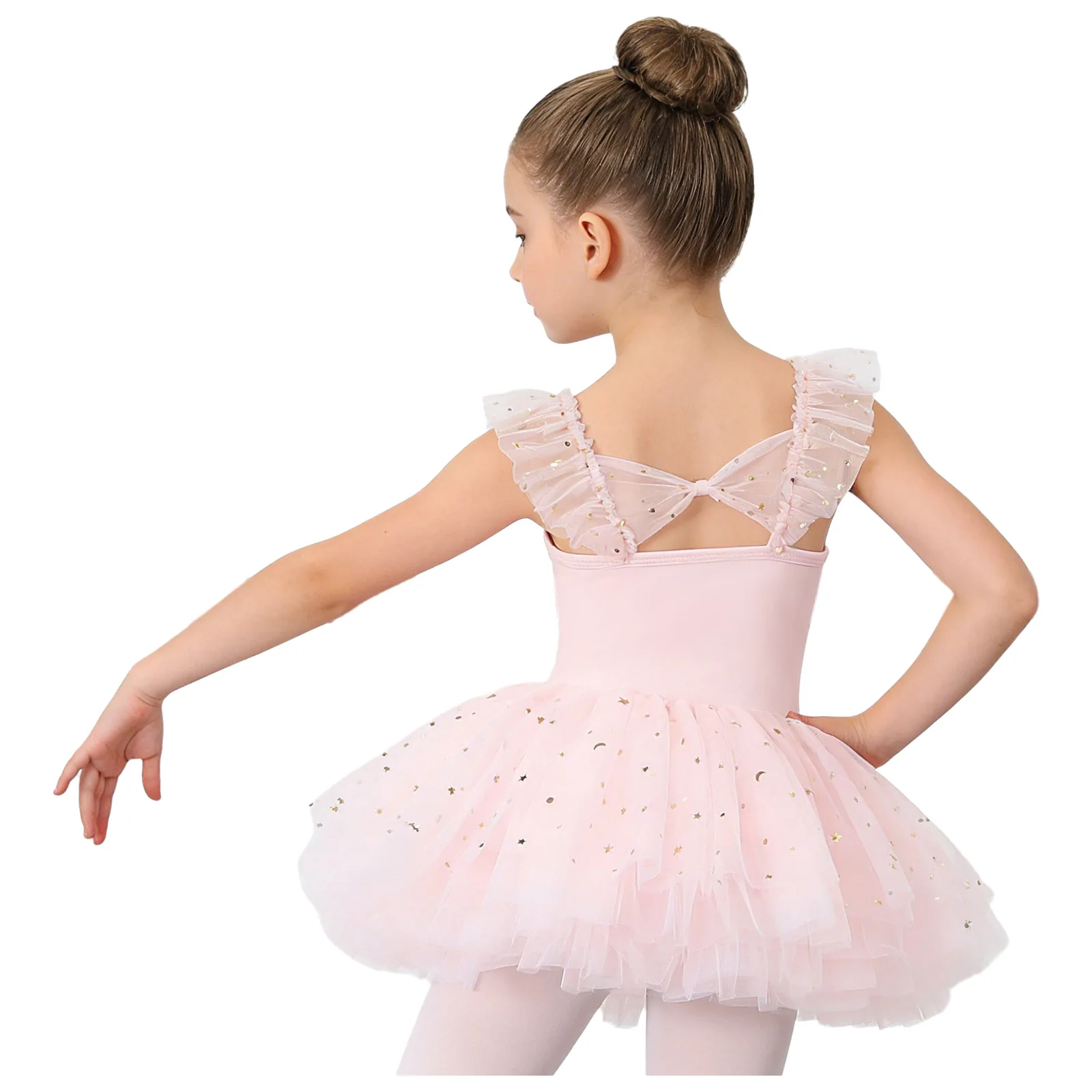 

Kids Girls Gymnastic Ballet Dance Performance Bodysuit Ruffled Sleeves Shiny Sequins Tulle Dress Lyrical Jazz Dance Stage Outfit
