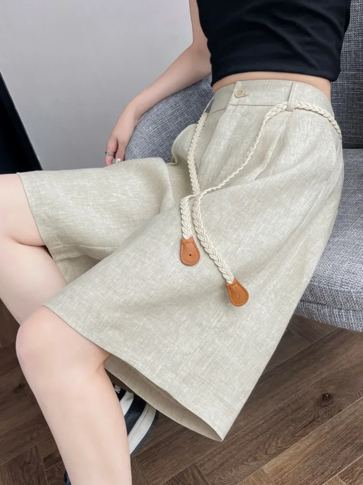 

Summer Thin Ice Silk Linen Wide Leg Pants Women's Casual High Waist Trousers Loose Fit Five-Quarter A-Line Pants