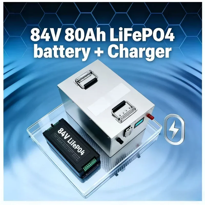 84V 80Ah LiFePO4 Battery with 27S 86.4V BMS, 10A Fast Charger Included, Heavy-Duty Deep Cycle Power Pack for Industrial EVs & Of