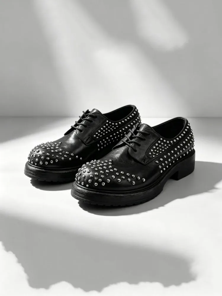 Vintage Office Men Handmade Rivet Round Toe Genuine Leather Dress Shoes Horsehide Derby Shoes Lace Up Business Casual Work Shoes