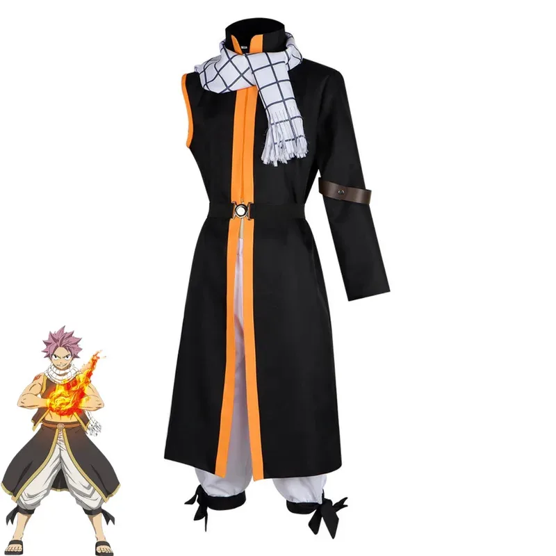 Anime FAIRY TAIL Etherious Natsu Dragneel Cosplay disfraz Slayers abrigo negro bata bufanda pantalones peluca hombre mujer traje de Halloween 5ftu ^