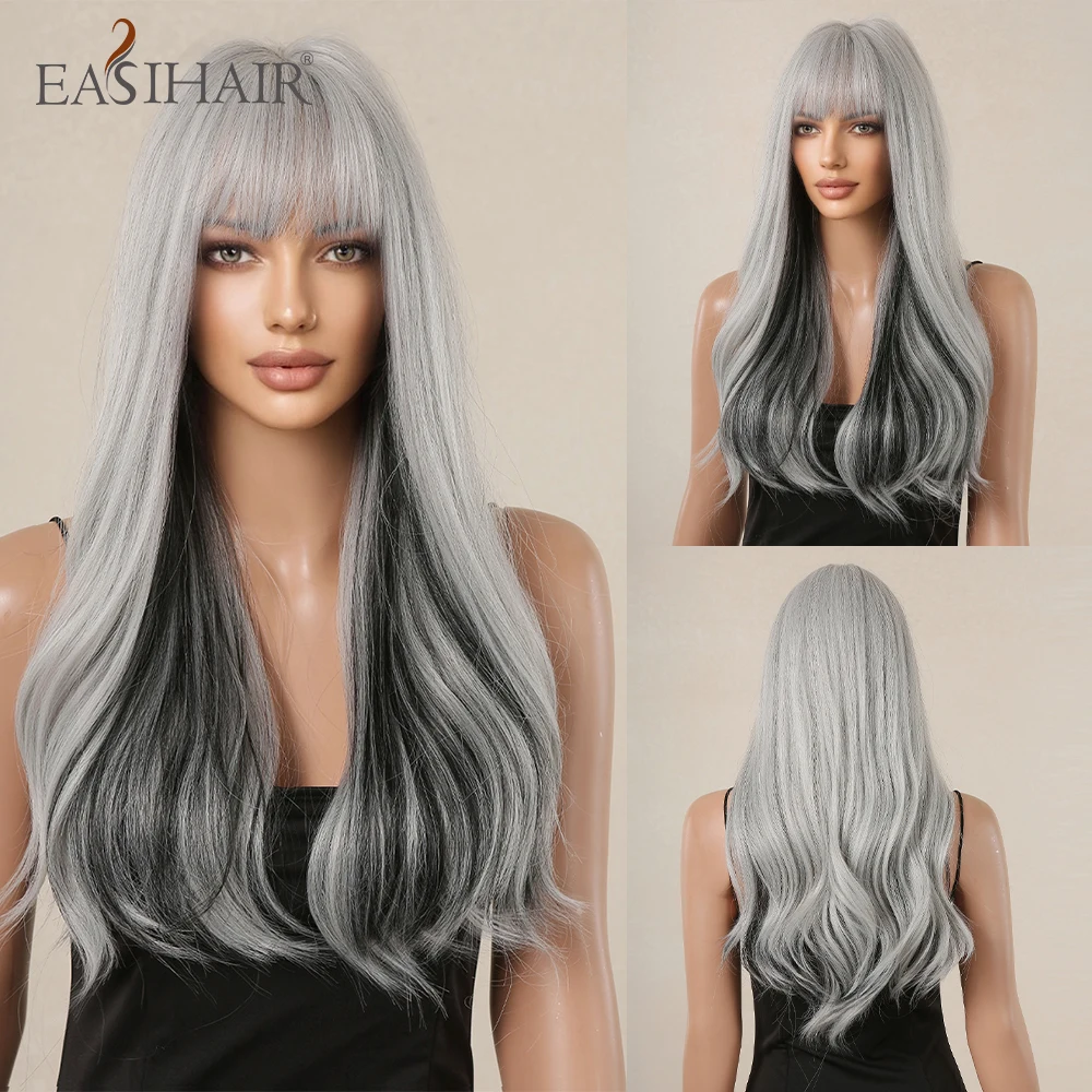 

EASIHAIR Blue Grey Ombre Synthetic Wigs Long Wavy Natural Hair Wigs with Bangs for Women Cosplay Lolita Wig Heat Resistant Fiber