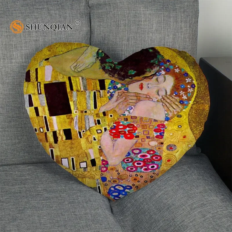 Gustav Klimt The Kiss Heart Shape Pillow Cover Size 41x36cm,47x42cm Custom Zipper Pillow Cases New Year's Pillowcase Decorative