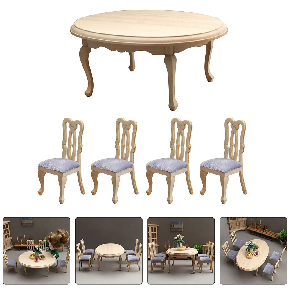 Small Table and Chairs Simulated Dining Child Kids Wooden Miniature Furniture Decor