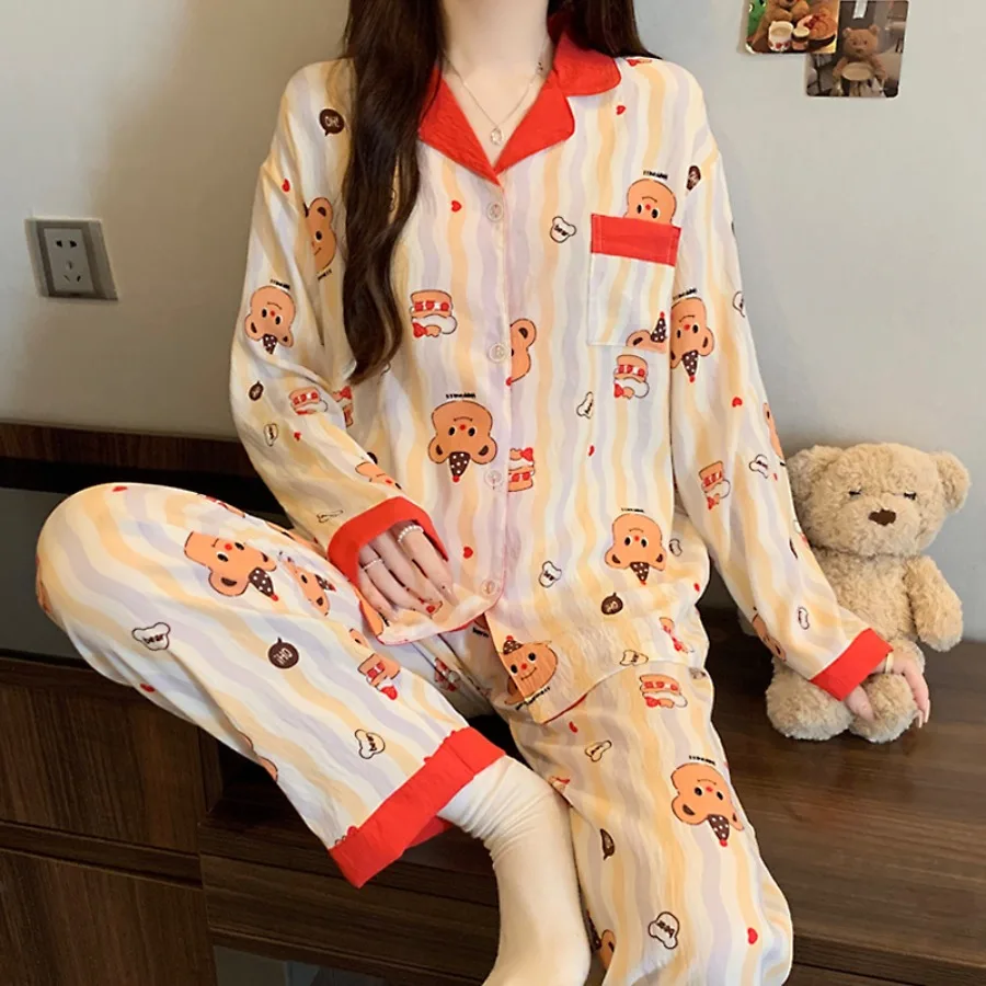 

Новинка 2025, женские осенние пижамы с длинными рукавами и лацканами, одежда для сна с милым мультяшным медведем, домашняя одежда, женские комплекты одежды для отдыха, одежда для дома