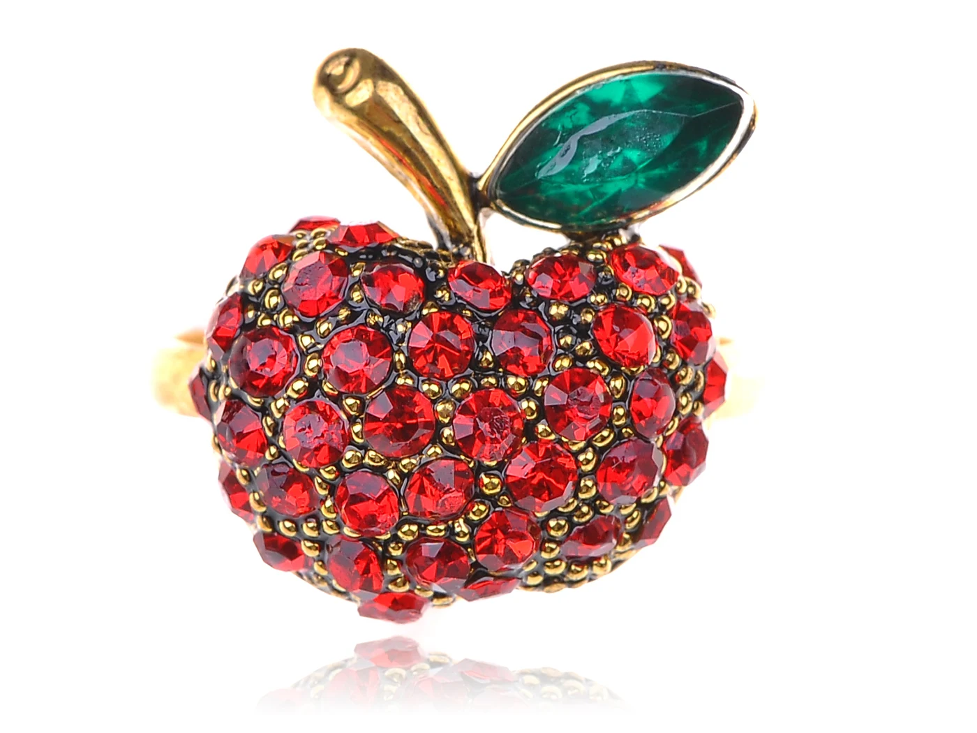 Women's Golden Tone Shine Red Ruby Rhinestones Apple Fruit Green Leaf Ring