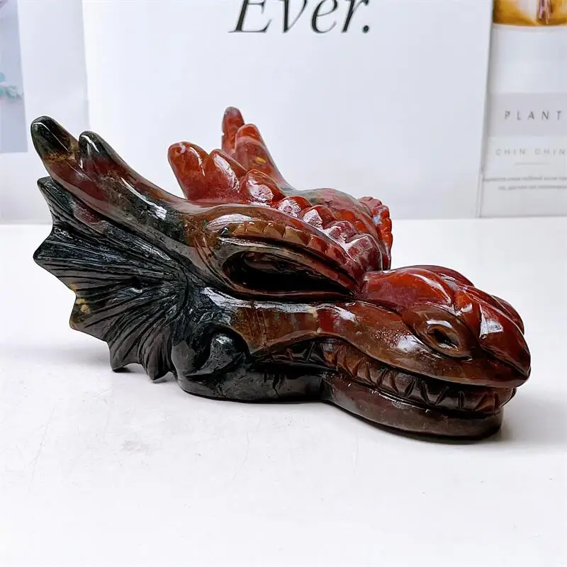 18.5CM Natural Ocean Jasper Dragon Skull Carving Healing Fengshui Stone Family Decoration Collection Holiday Gifts 1PCS