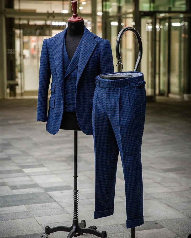 Winter Bruiloft Mannen Suits Set Maatwerk 3 Stuks Blauw Wol Houndstooth Blazer + Vest + Broek Formele Bruidegom prom Smoking Jacket