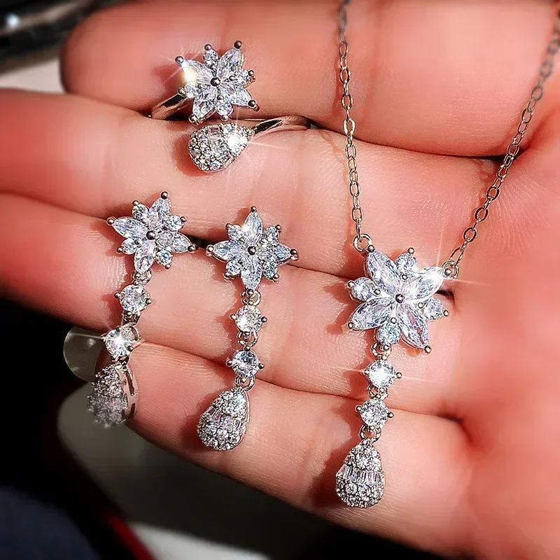 Bridal Jewelry Necklace Three-piece Set Super Flash Flower Water Drop Zircon  Korean Women's High Quality