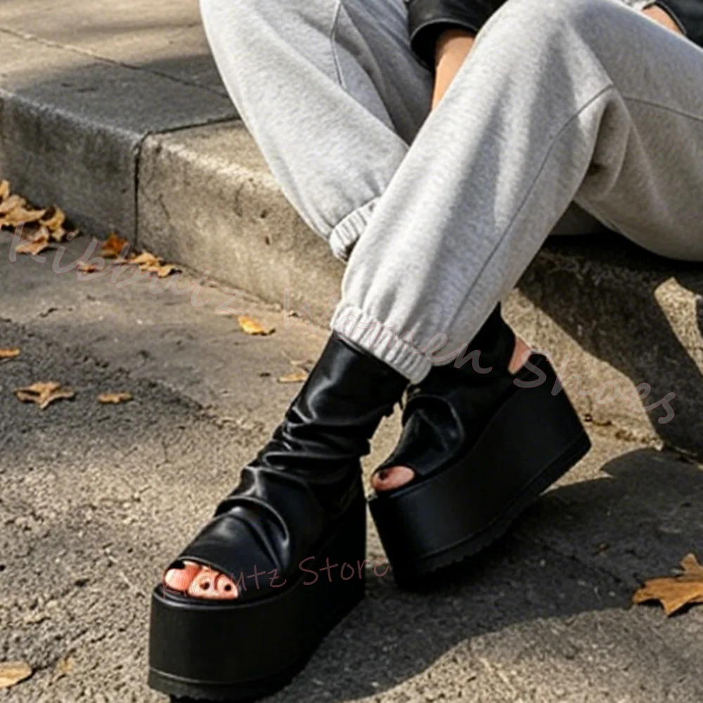 Lace-Up Thick Bottom Sandals Platform Ankle Boot Leather Round Toe Solid Color Goth Punk Style Elegant Concise Fashion Novelty - view 5