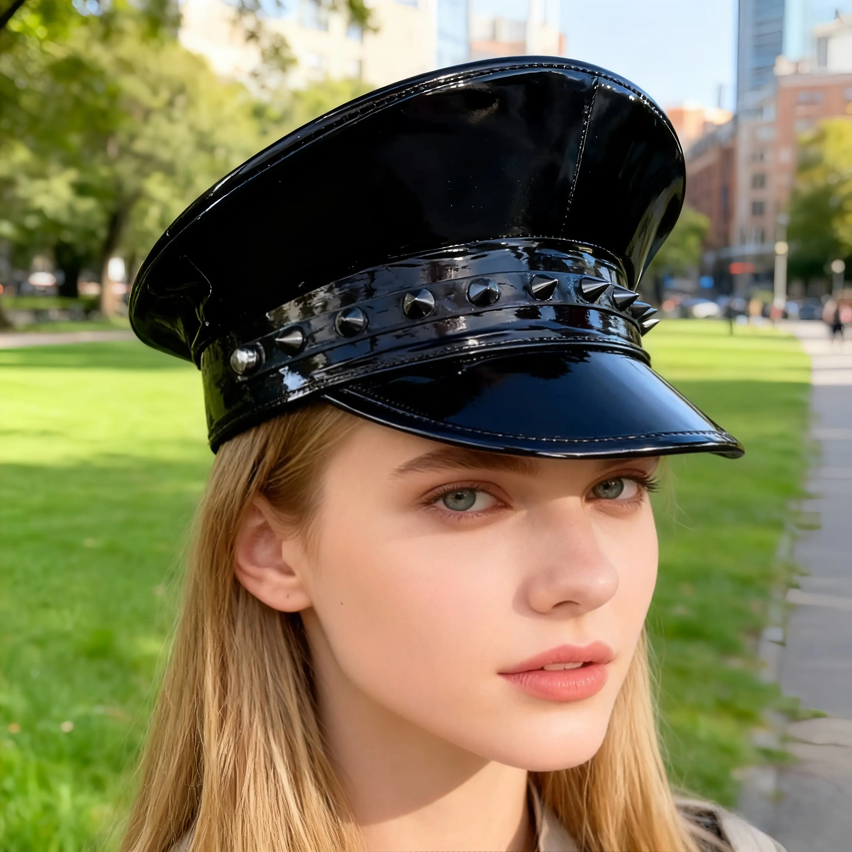 Burning Man Red and black hip hop rock cap military cap, leather nails in different colors suitable for Halloween Party，Music