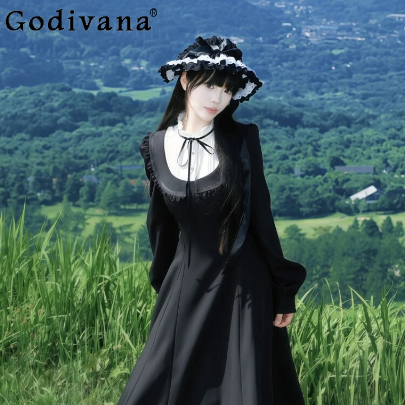 Платье в стиле ретро в винтажном стиле для женщин, оригинальный дизайн, французское осенне-весеннее платье, женское элегантное кружевное длинное платье с застежкой на талии