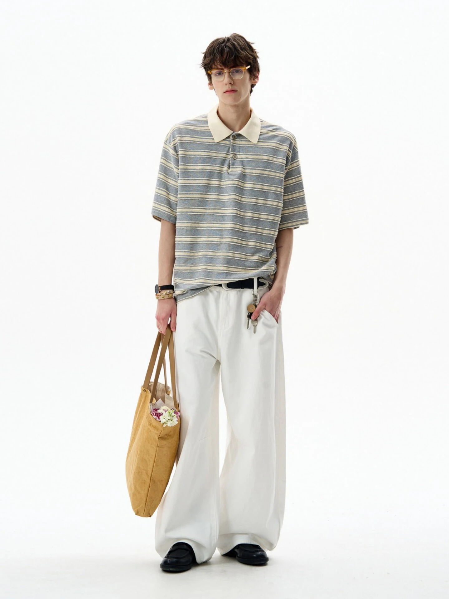American Retro Striped  Shirt Short Sleeve Men's Casual Loose Commute T-Shirt Upper Body INS Spring Summer Cotton Polyester