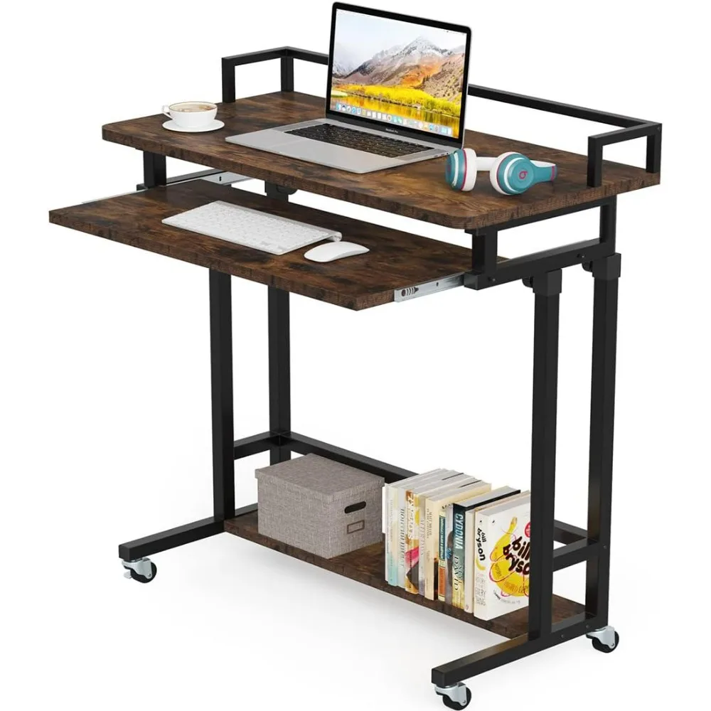 Portable Desk with Adjustable Height,Mobile Couch Sofa Table with Pull Out Keyboard Tray and Storage Shelf for Small Space