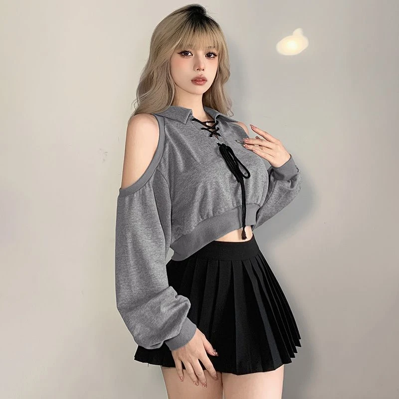 Chic Lace-up Hollow Out Sweatshirts Women Fashion Solid Simple Loose Leisure Young Popular All-match Hole Short Tops Girls Soft