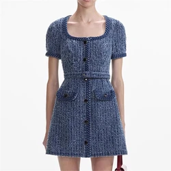 Autumn new square collar single breasted belted tweed denim blue short sleeves dress high quality fashion commuterStraight skirt