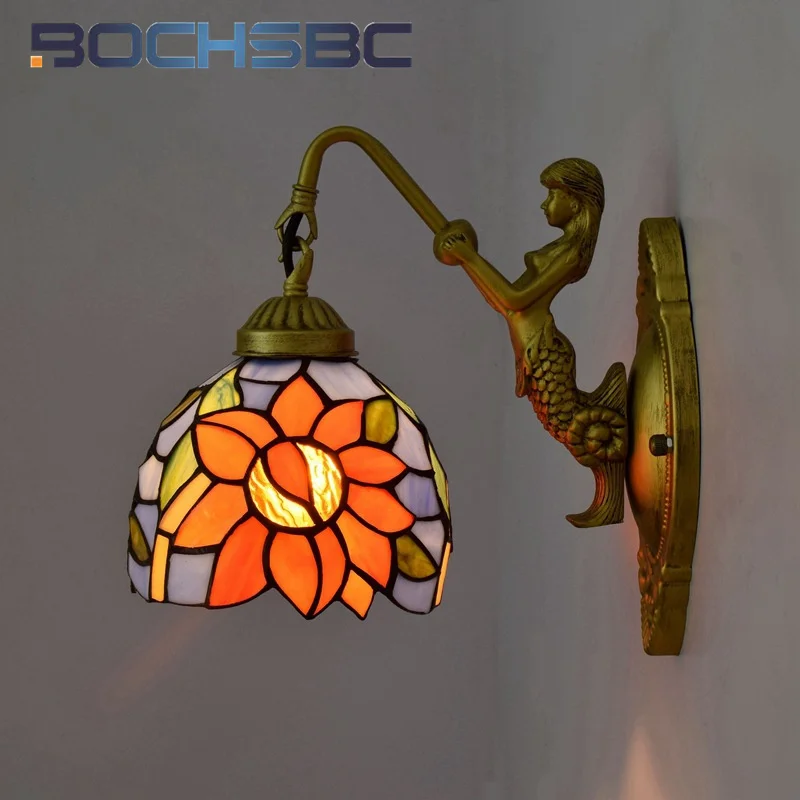 

BOCHSBC Tiffany style stained glass Retro blue Sunflower Mermaid wall lamp Dining Room Bedroom headboard aisle balcony LED decor