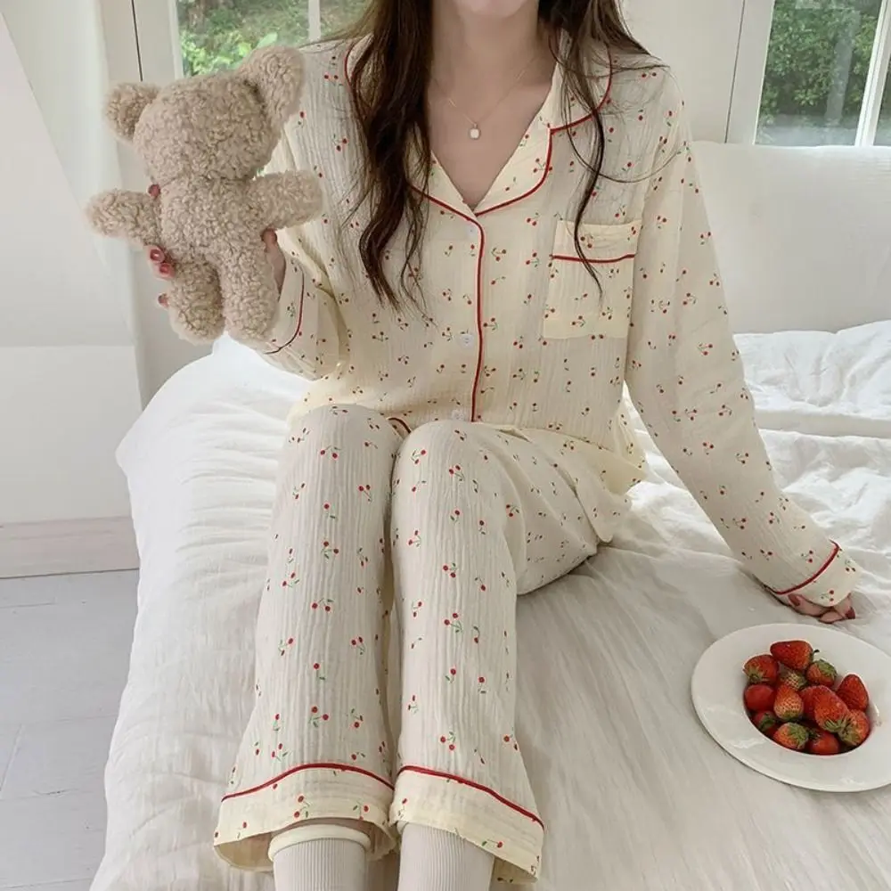 

Homewear Ruffle Cherry Pajamas Women Lapel Nightdress Two Piece Nightwear Loose Sweet Pajamas Suit Girl