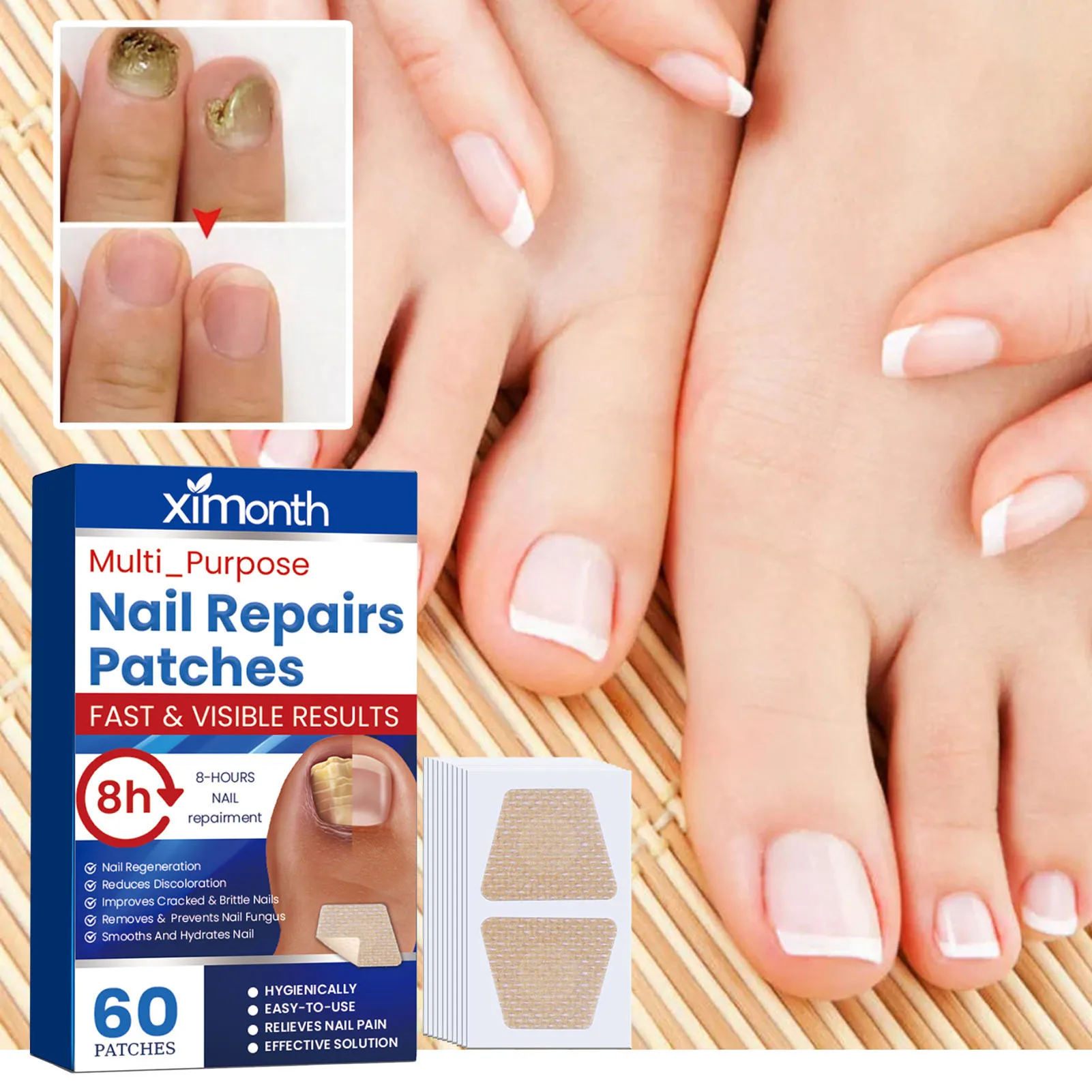 60pcs Fungal Nail Repair Patches Nail Strengthener Nail Growth Treatment for Toenail Fingernail Nail Repair Solution