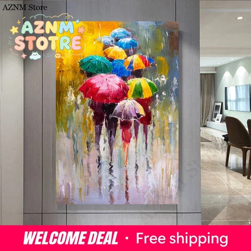 Abstract Art Pedestrian in the Rain Colorful Umbrella Canvas Painting Posters and Prints Wall Picture for Living Room Home De