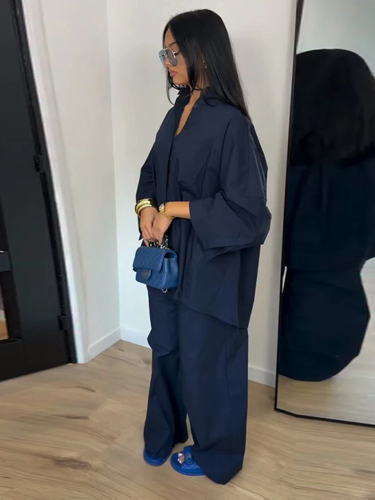 Elegante Damen-Hosenanzüge mit Revers: Oversized Hemd, Langarm-Bluse mit Knopfleiste, Weite Hose, Schickes Einfarbiges Outfit – Detail 29