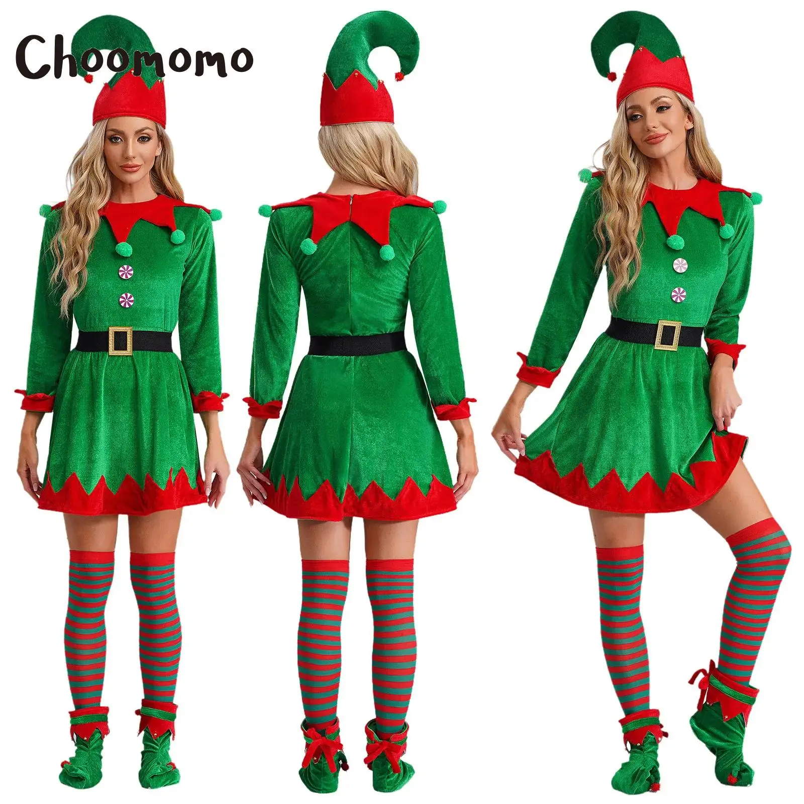 

Women Christmas Green Elf Costume Santa Claus Suit Flannel/Velvet Dress with Belt Hat Stockings Shoes Halloween Elves Cosplay