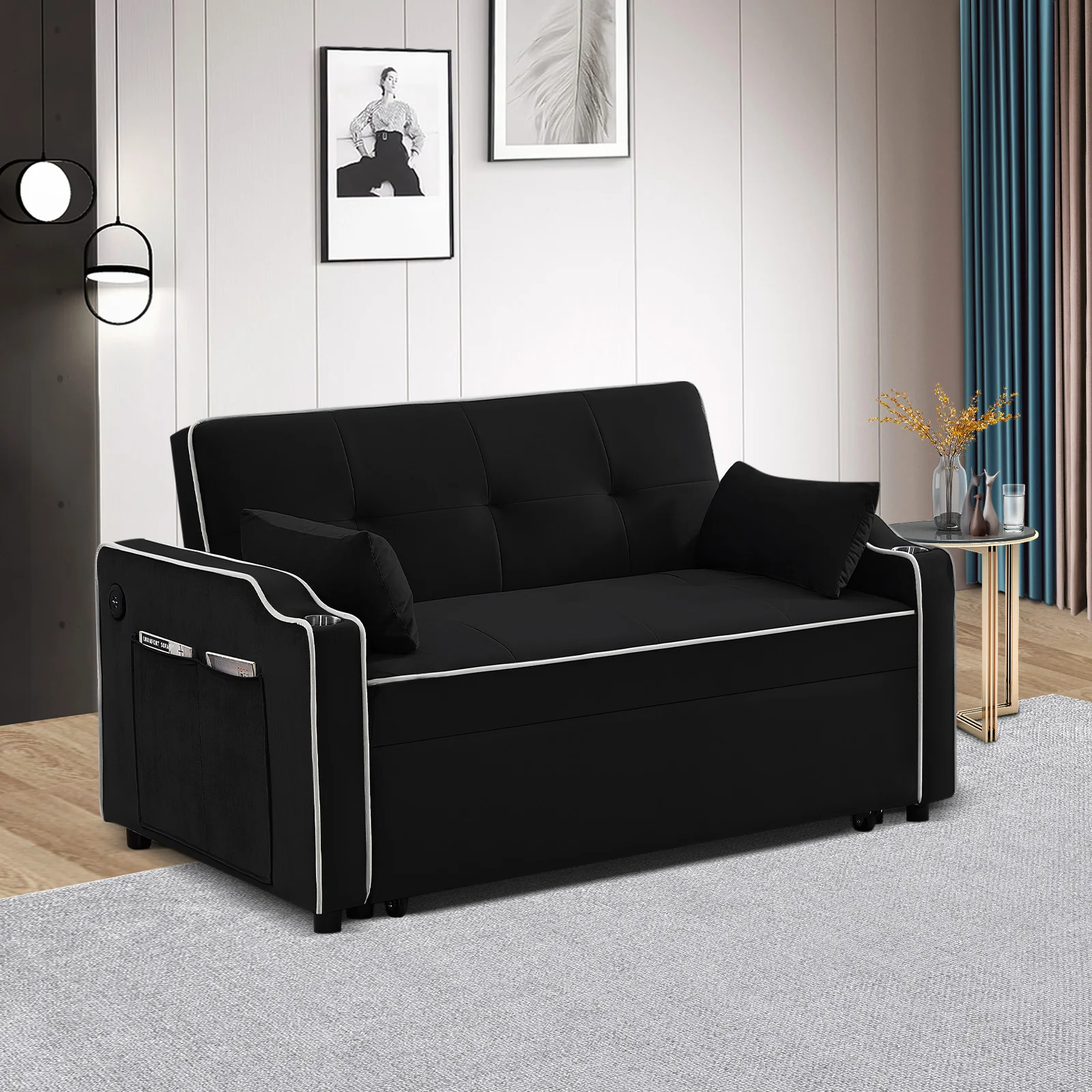 Multi-Functional Velvet Sleeper Couch Pull-Out Bed Loveseat Sofa Chaise Lounge with USB Port Cupholder Adjustable Backrest
