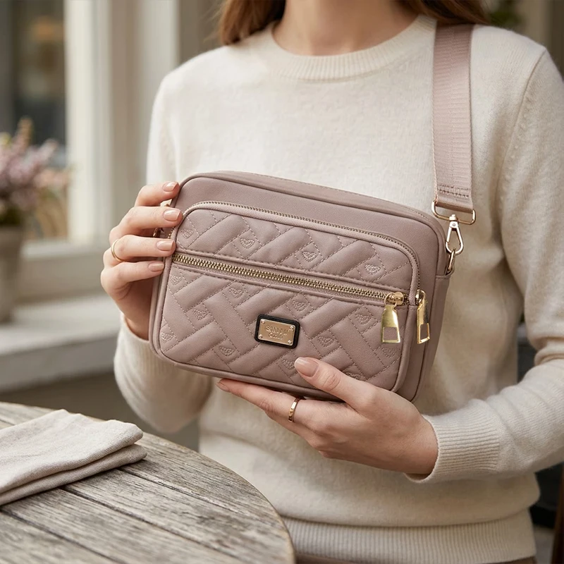Verstellbarer Riemen Damen Gesteppte Nylon-Umhängetasche mit mehreren Reißverschlusstaschen, lässige Messenger-Schultertasche für den täglichen Einkauf. – Detail 8