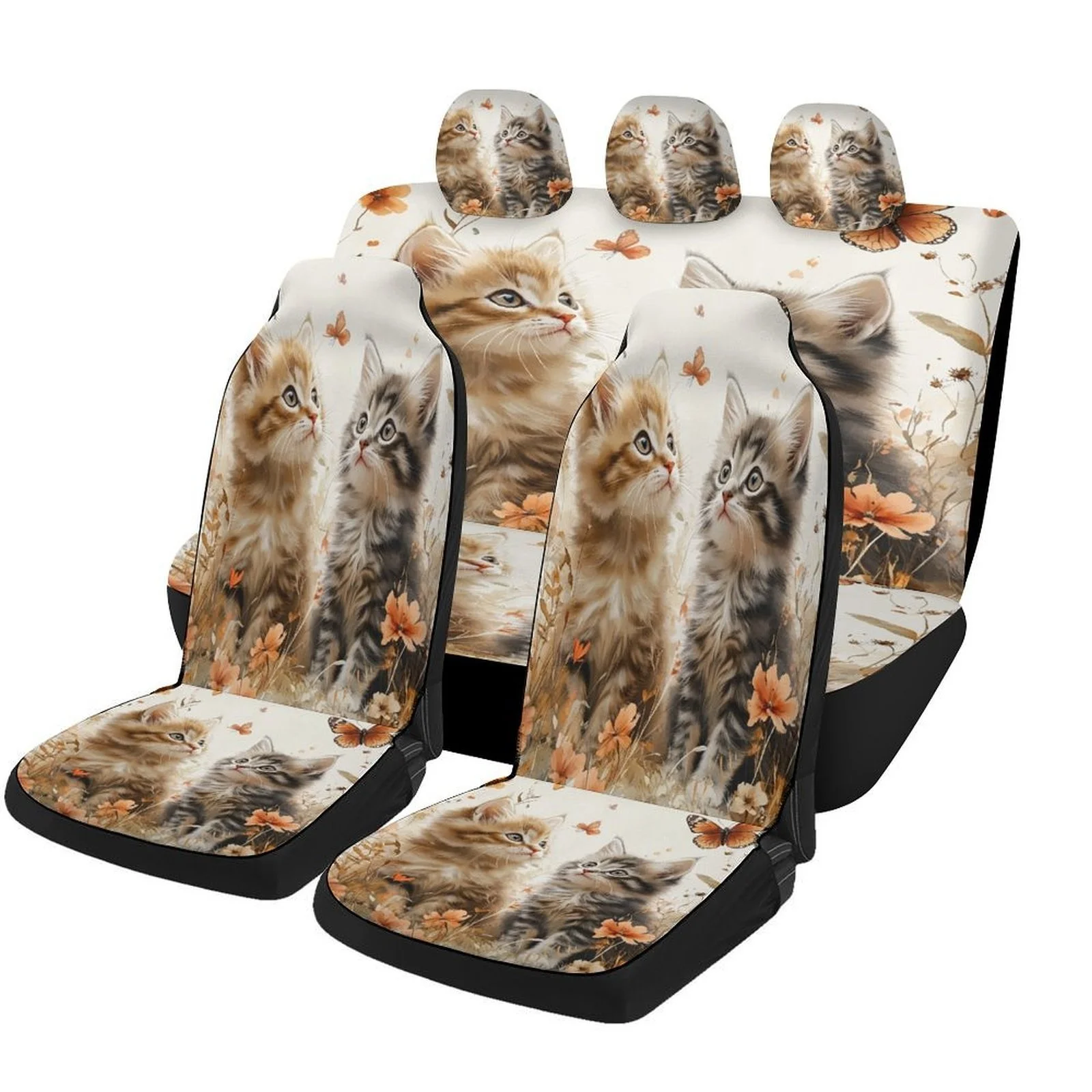 

Floral Kittens Designed Car Seat Covers Set For Most Cars, Trendy Breathable Decorative Car Seat Protector Covers Full Set, Car