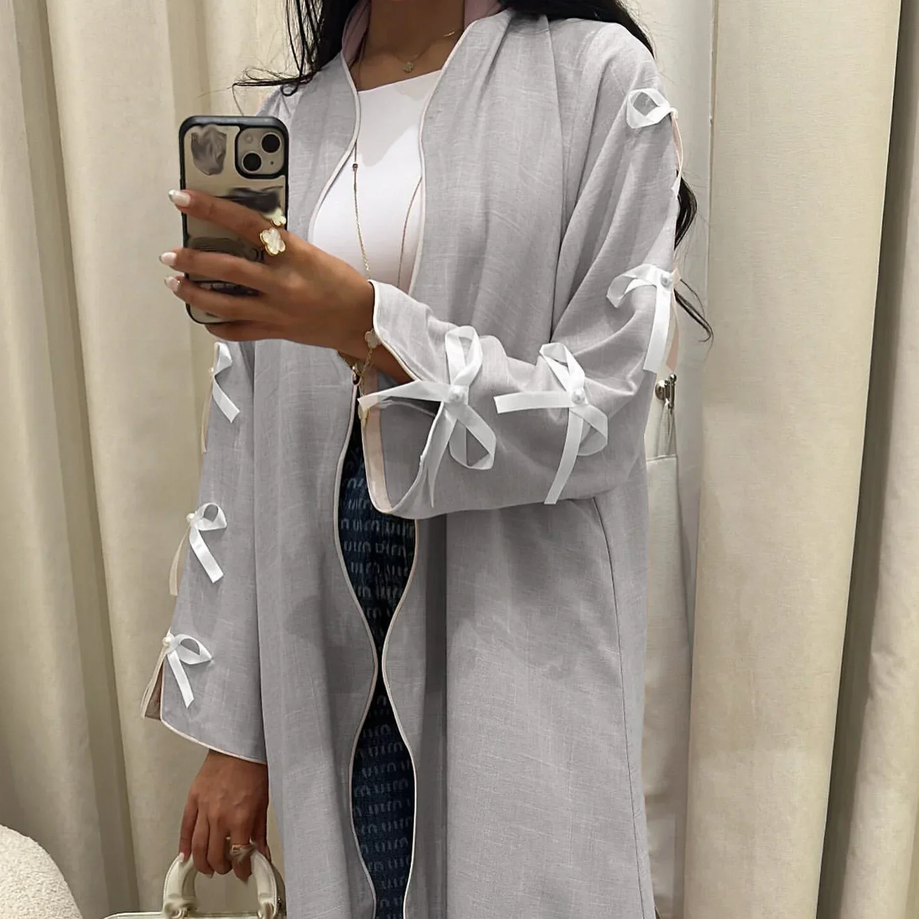 Abaya Kimono ouvert avec nœud pour femmes, Robe de dubaï modeste, turquie, Eid, Ramadan, Kaftan, manteau musulman, vêtements islamiques, Robe arabe Jalabiya