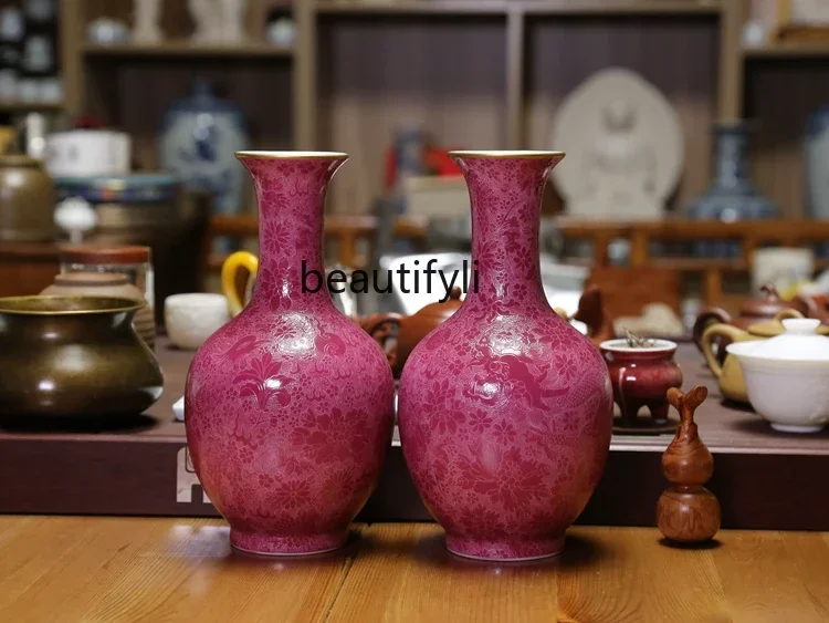 

55Jingdezhen all handmade carmine braised flower dragon and phoenix Chengxiang pair vase vase decoration living room ornament