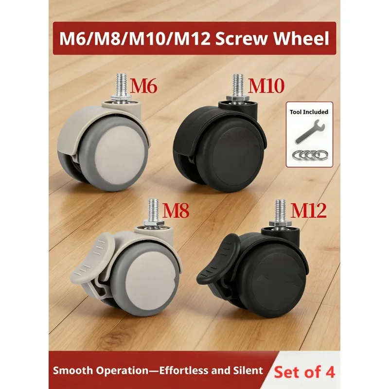 (Pack of 4) 2 Inch M6/M8/M10/M12 Screw Universal Wheels with Brake Wheel Soft Rubber Silent Screw Caster Load 90KG