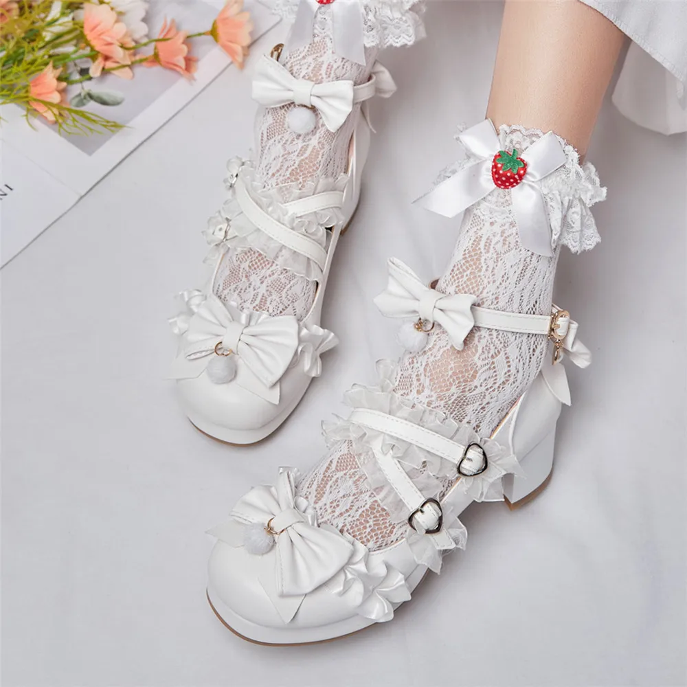 Cross Strap Vrouwen Hoge Hakken Mary Jane Pumps Party Bruiloft Wit Roze Paars Beige Aardbei Strik Prinses Cosplay Lolita Schoenen