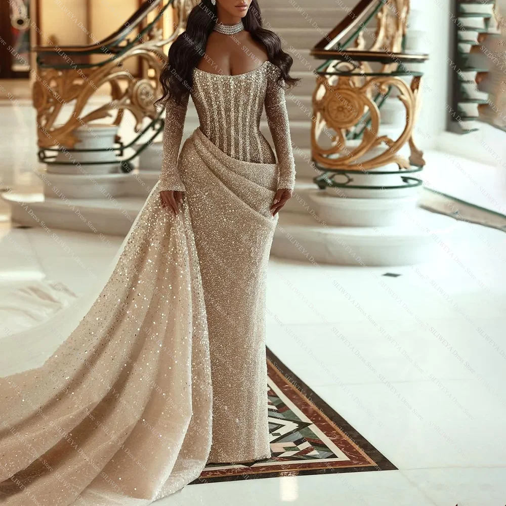 Glamourosa lantejoulas sereia vestidos de noite mangas compridas plissados sexy sem costas com trem varredura formal festa feito sob encomenda vestido