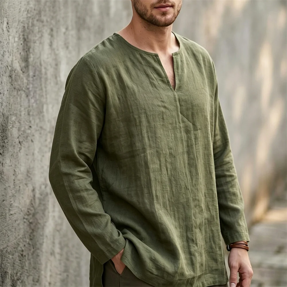 Herren-T-Shirt aus Baumwolle und Leinen, modisch, V-Ausschnitt, langärmelig, einfarbig, atmungsaktiv, leicht, klassisch, lässig, für den Alltag