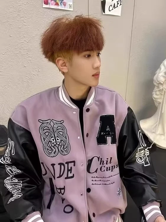 

Мужская свободная куртка из искусственной кожи с вышивкой в американском стиле, цветными блоками и бейсбольным дизайном, молодежная модная осенне-зимняя новинка