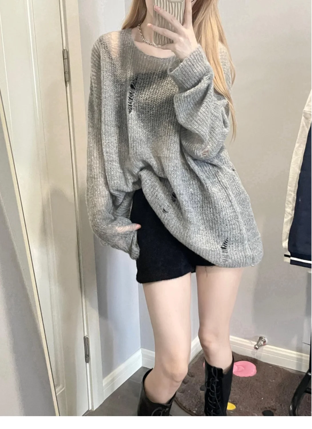 Gray Raglan Hoodie Thin Sweater Autumn and Winter Women Long Sleeve Knit Loose Sunscreen Retro Casual