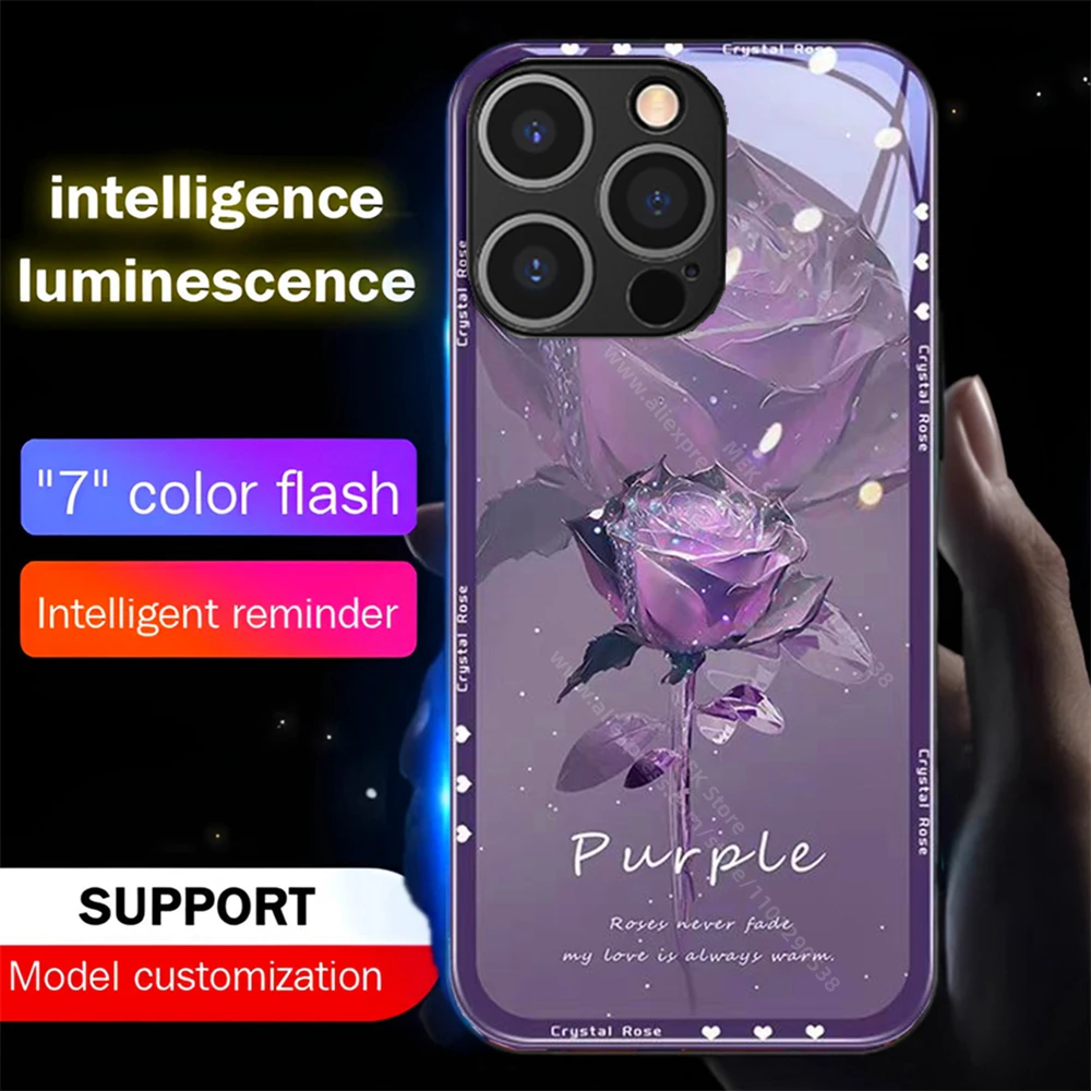 Purple Crystal Rose LED Calling Light Flash Phone Case Smart Luminous Cover For Samsung S24 S23 S22 S21 S20 FE Note Plus Ultra