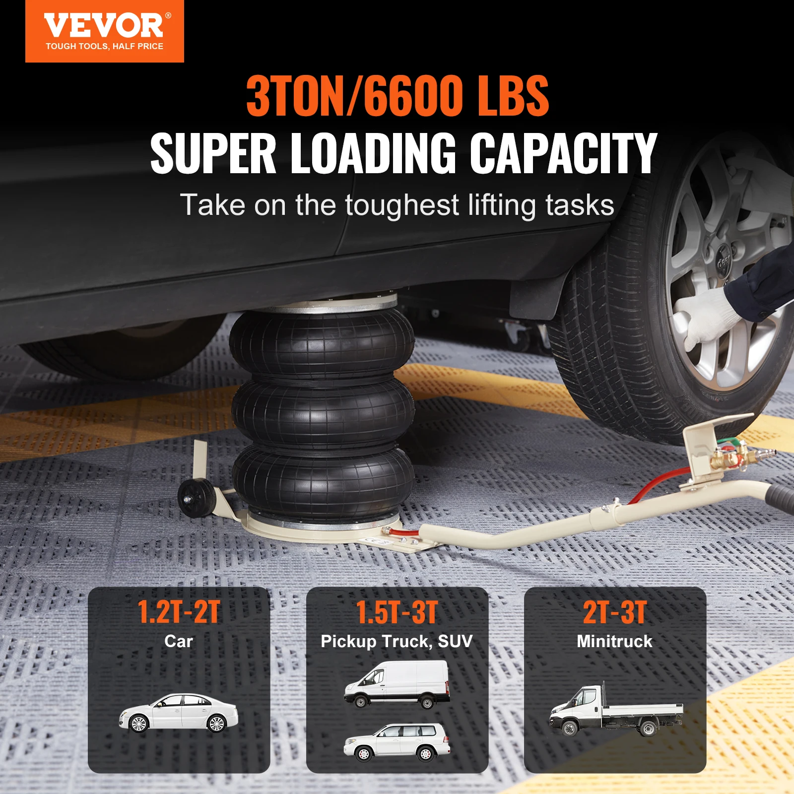 VEVOR 3 Ton/6600 lbs Triple Bag Air Jack, with Six Steel Pipes, 3-5 s Fast Lifting  with Long Handles for Cars Garages Repair