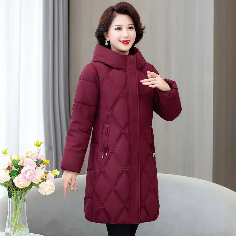 

New Middle-aged Women's Long Down Cotton Jacket, Winter Thickened Warm Padded Cotton Coat, Korean Female Hooded Parker Overcoat
