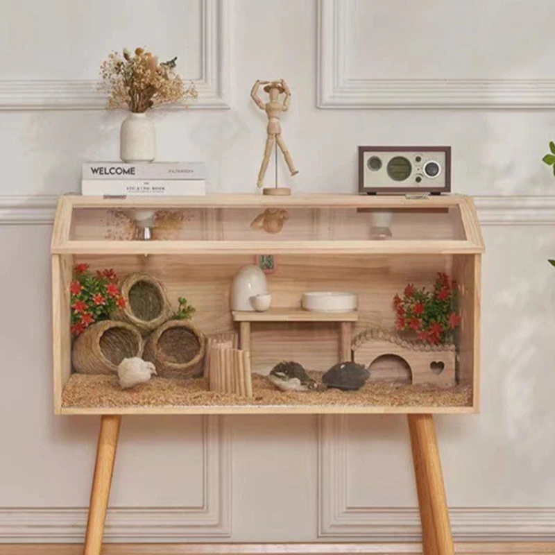 Caja de madera para hámster, jaulas de erizo y pollo rutina con lámpara, caja de cría grande para mascotas pequeñas, casa escondite para hámster y animales pequeños