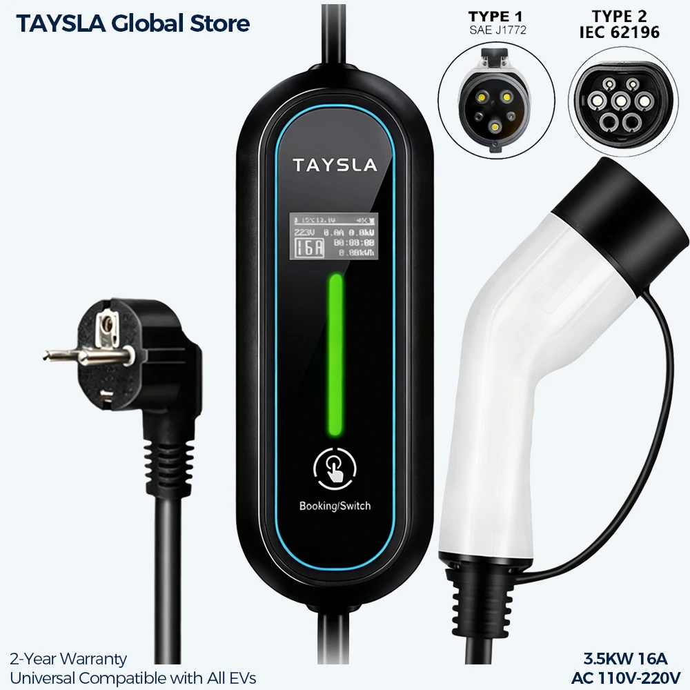 TAYSLA 16A 3.5KW TYPE 2 TYPE 1 EV Charger Portable J1772 Charger 80V-260V EU Plug Electric Vehicle Charger EVSE Charging Cable
