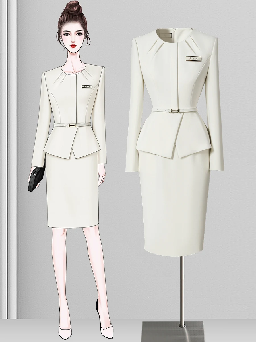 Professional Elegant Business Casual Dress Skirt Set Long Sleeve Polyester Spandex Work Uniform for Medical Beauty Therapist
